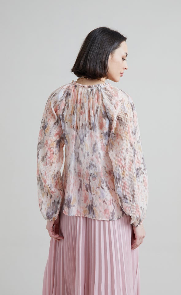 Voile Tie Neck LS Top Pink/abstract