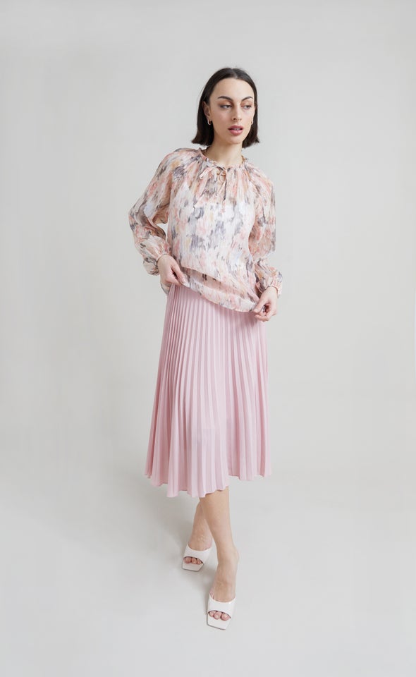 Voile Tie Neck LS Top Pink/abstract