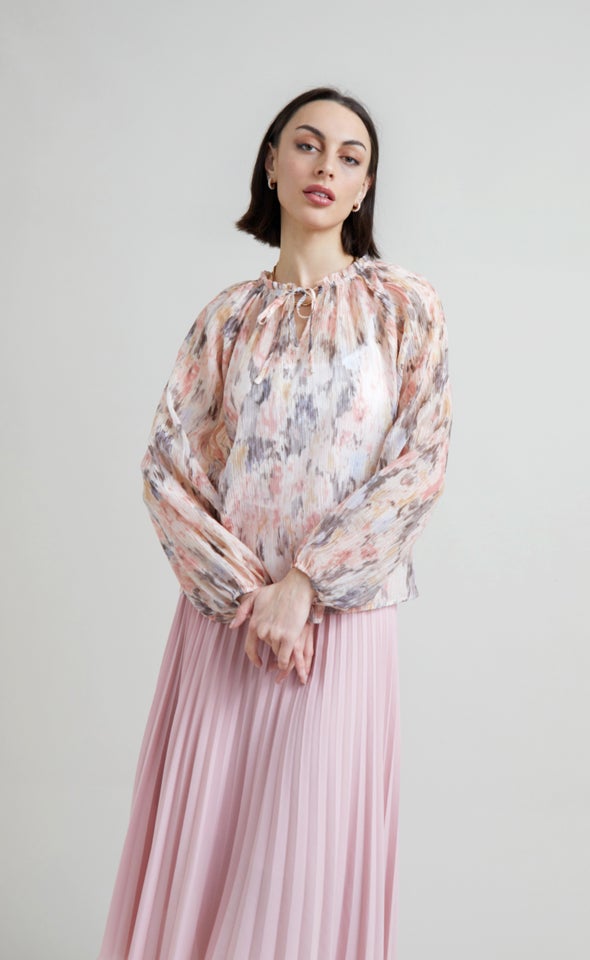 Voile Tie Neck LS Top Pink/abstract