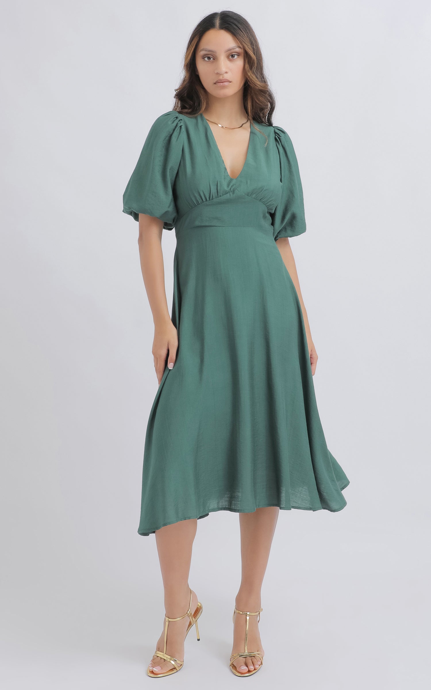 Shop our Voile V Neck Puff Sleeve Dress in Emerald | Pagani