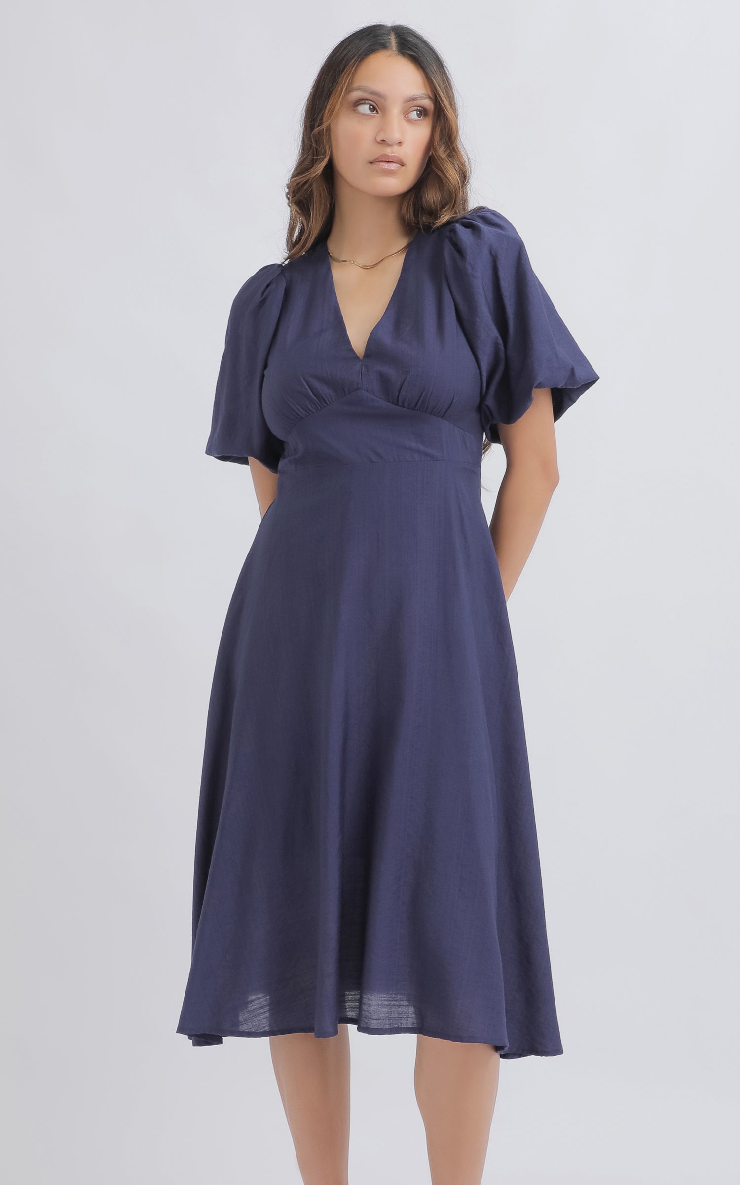 Shop our Voile V Neck Puff Sleeve Dress in Ink | Pagani
