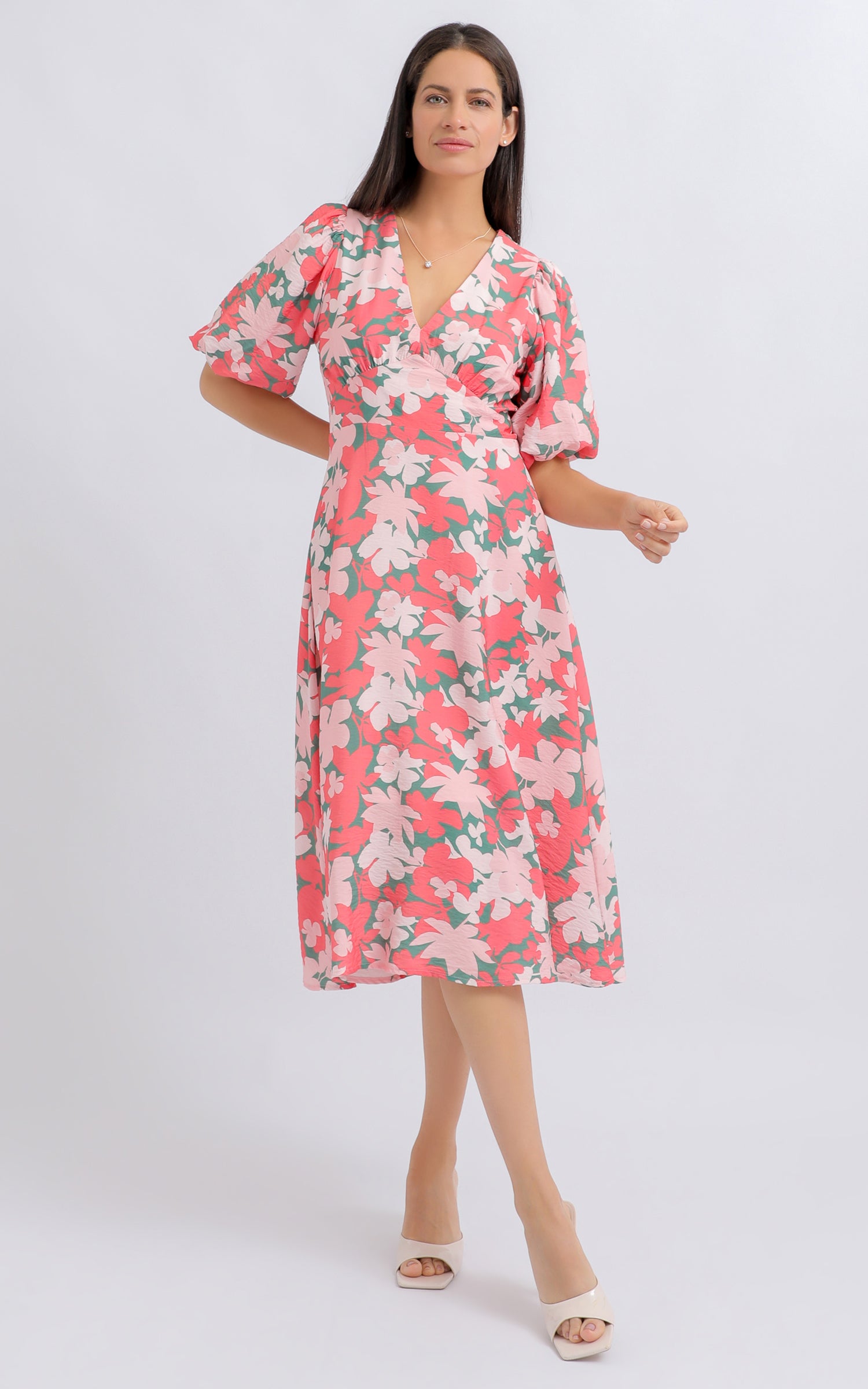 Shop our Voile V Neck Puff Sleeve Dress in Pink/green | Pagani