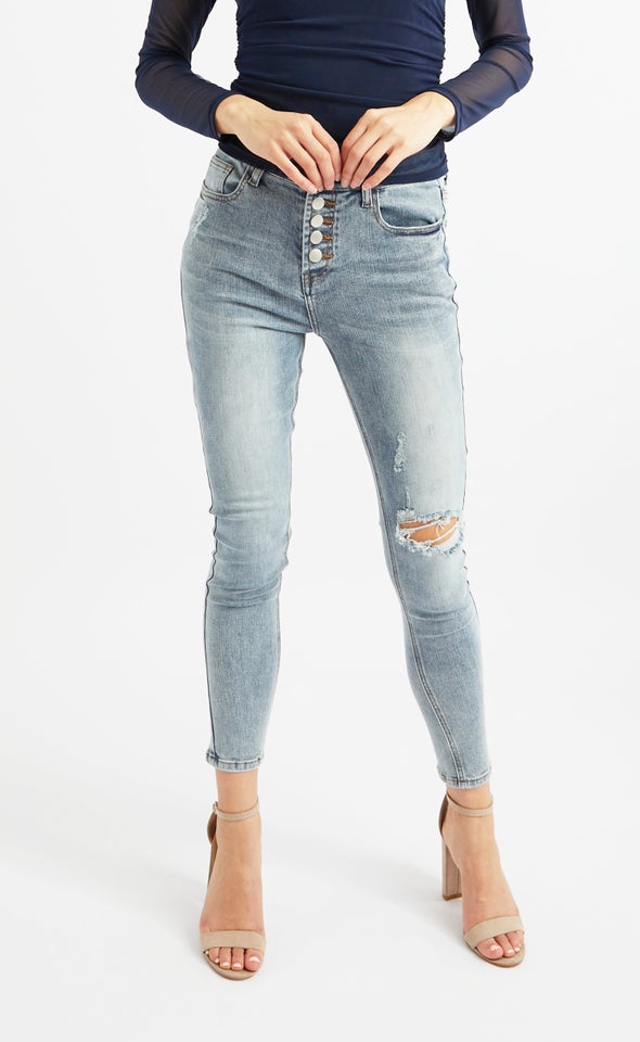 Washed Back Button Fly Skinnys Blue