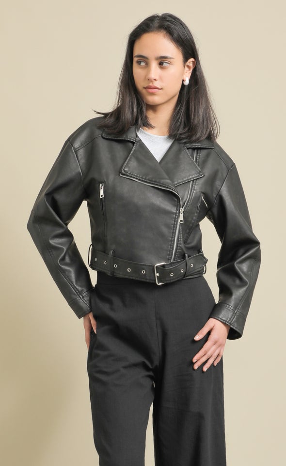 Washed Finish Biker Jacket Black