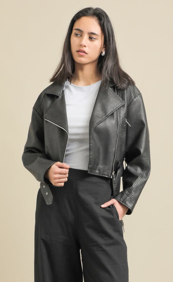 Washed Finish Biker Jacket Black