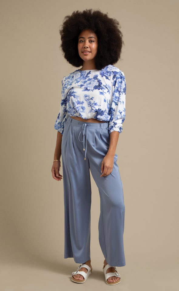 Wide Leg Drawcord Pants Washed Blue