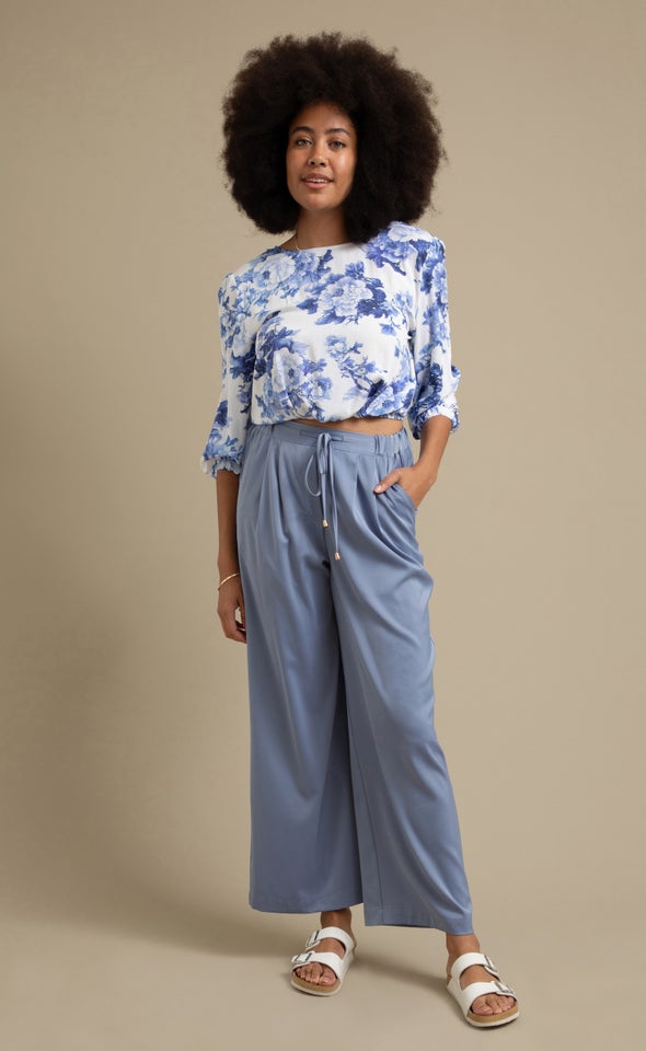 Wide Leg Drawcord Pants Washed Blue