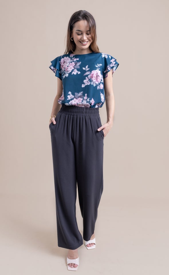 Wide Leg Elastic Waist Pants Charcoal