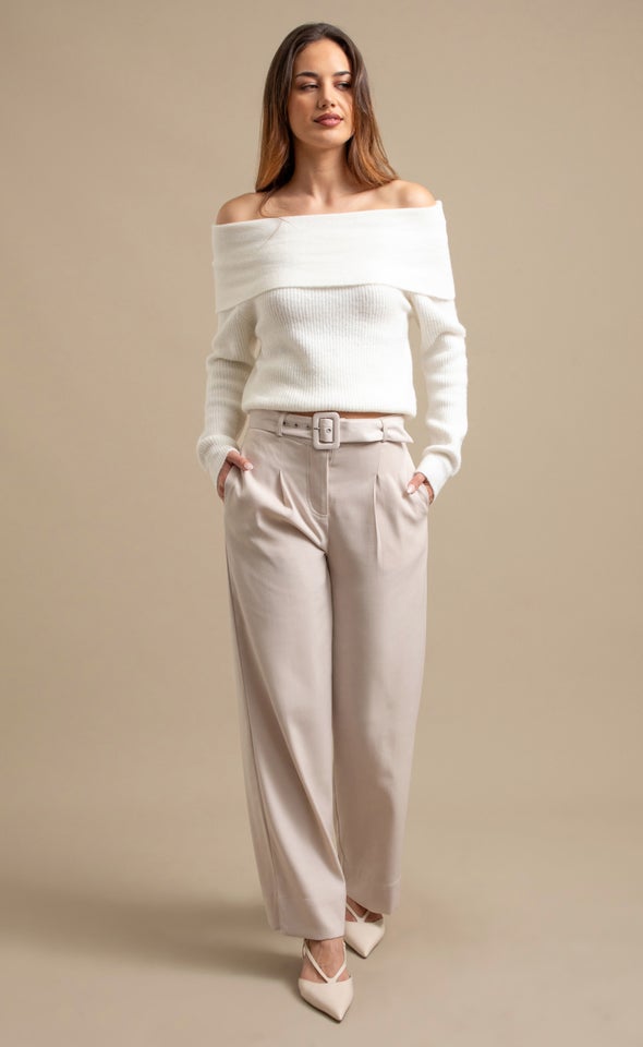 Wide Leg  Pants with Belt Natural