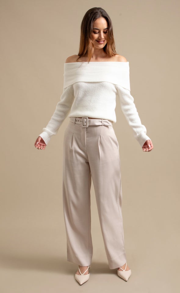 Wide Leg  Pants with Belt Natural