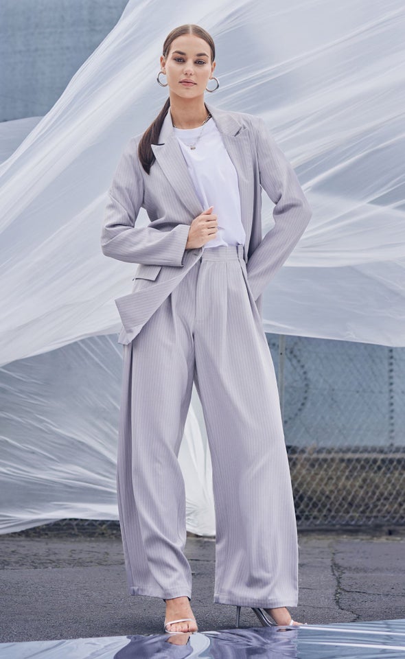 Wide Leg Pinstripe Pants Grey Pinstripe