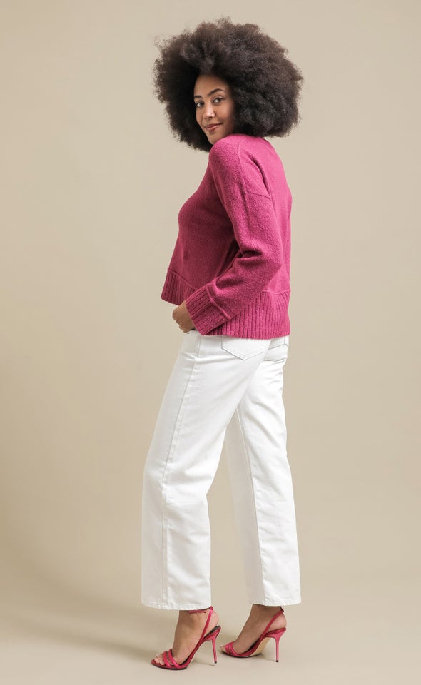 Wide Rib V Neck Sweater Magenta
