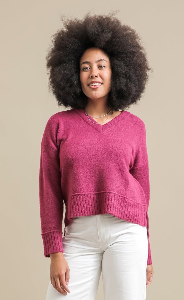 Wide Rib V Neck Sweater Magenta