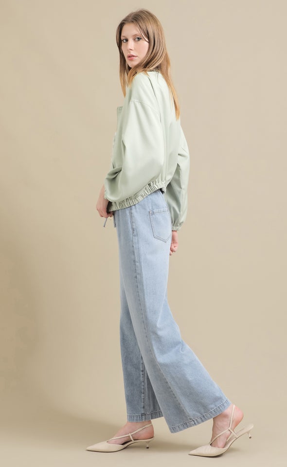 Zip Front Puff Sleeve Bomber Jacket Mint