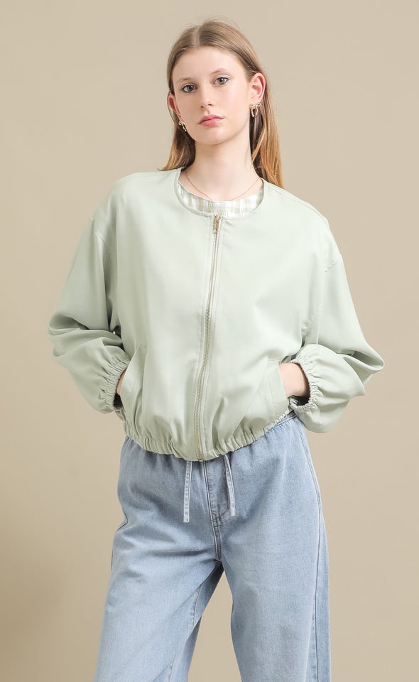 Zip Front Puff Sleeve Bomber Jacket Mint