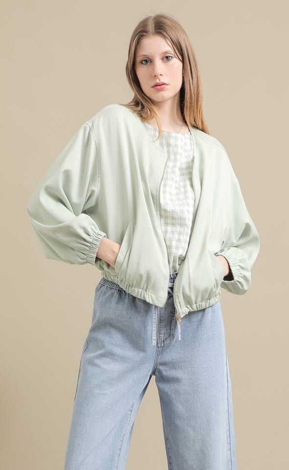 Zip Front Puff Sleeve Bomber Jacket Mint
