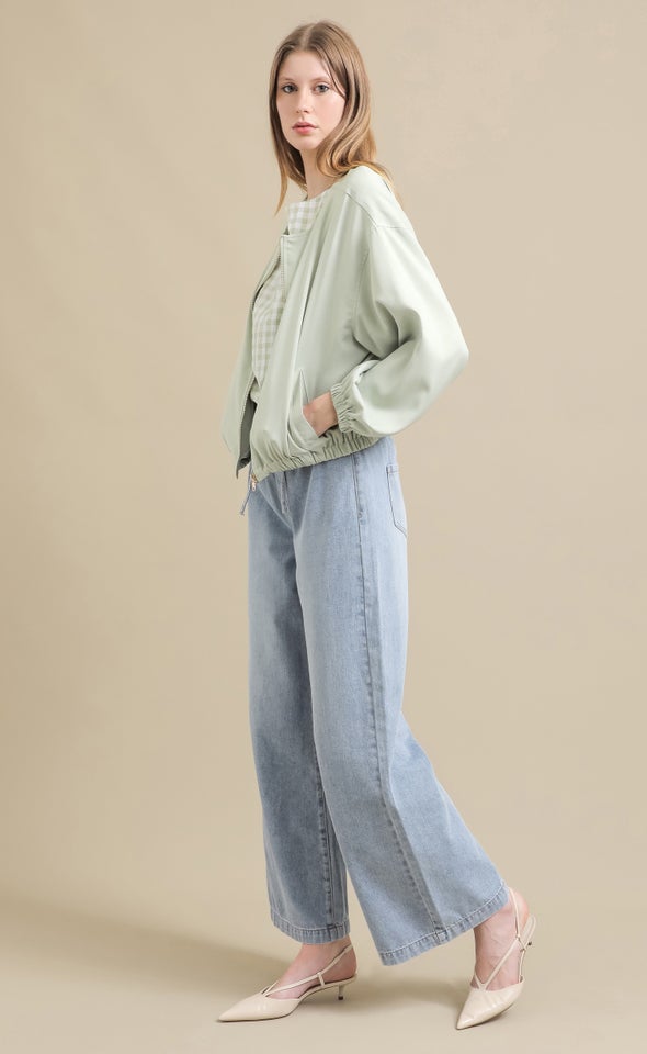 Zip Front Puff Sleeve Bomber Jacket Mint